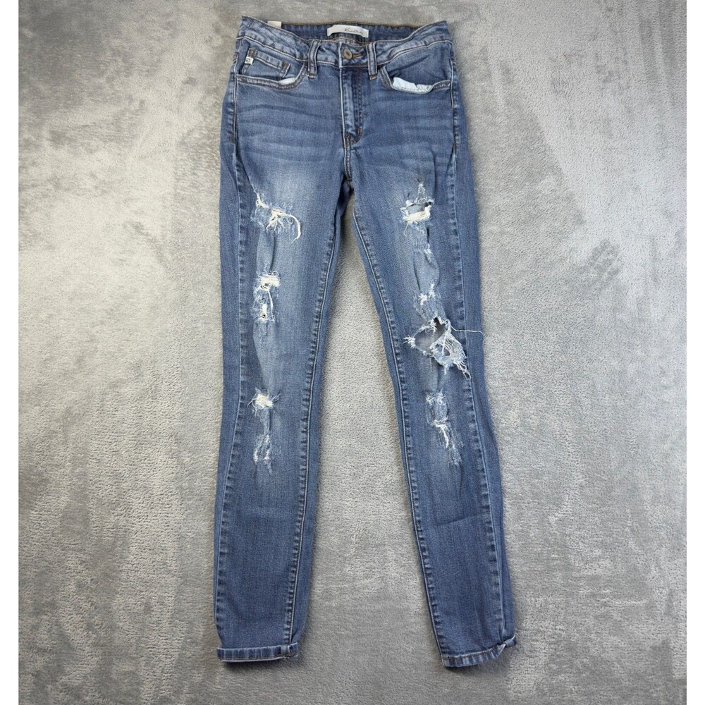 KanCan Jeans Womens 26 Blue Denim Distressed Skinny Leg Medium Wash Whiskered